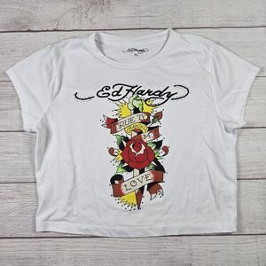 Ed Hardy Girls Cropped Bedazzled Y2K White Tee Size XL